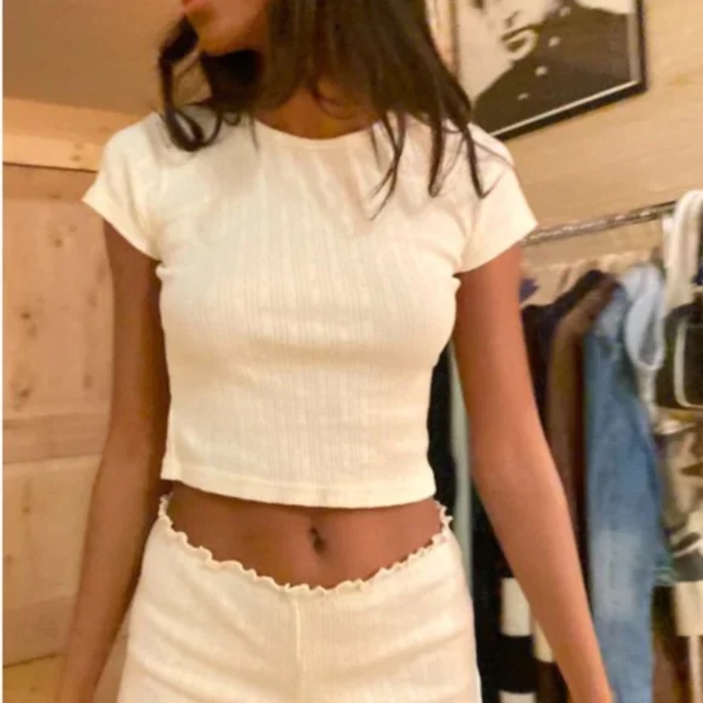 Brandy Melville White Tori eyelet pointelle scalloped Top